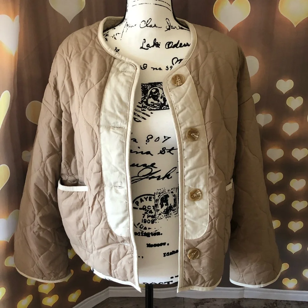 Coat jacket reversible cozy khaki beige tan pocket quilted puffer pocket women - Picture 15 of 15